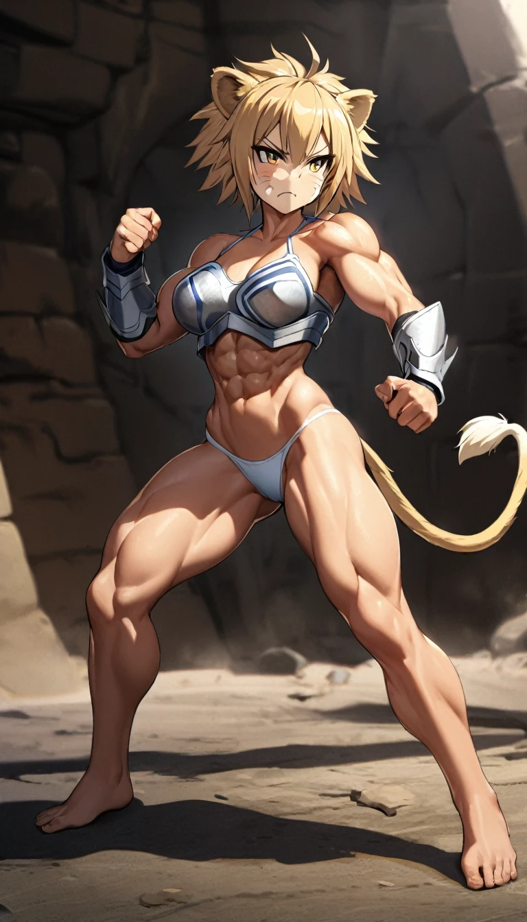 1girl, solo, short bob, lion girl, large breasts, abs, (bikinia armour), bangs, waistcloth, bare limbs, bare stomach, bare thgihs, Humanoid face and body, lion ears, stripes on cheeks, standing, lion's tail, fighting pose, lion's fang, stand pain well