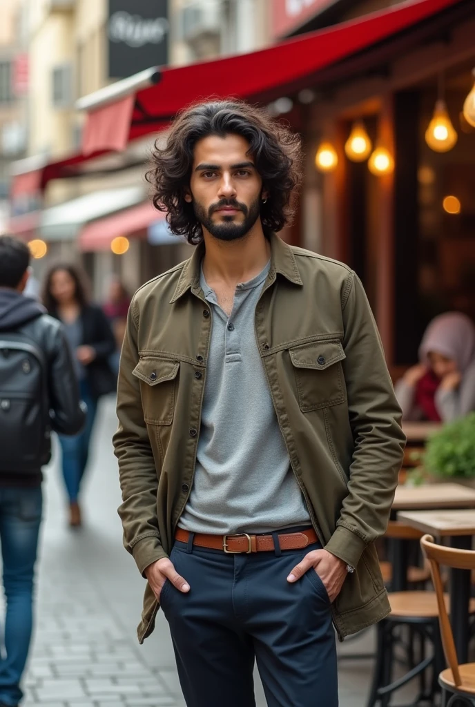 full body shot, standing outside on a street or near a café, nice clothes, cute, male model, Arab or Pakistani male, long curly, well groomed hair, hair, short beard, brown eyes, (skin texture),