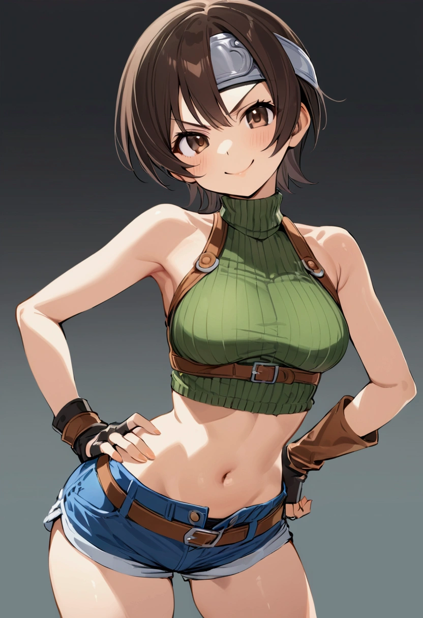 score_9, score_8_up, score_7_up,BREAK best quality,high quality,masterpiece,aesthetic,very aesthetic,　soro,1girl,yuffie kisaragi,, final fantasy,short hair,headband,navel,sleeveless,turtleneck
brown eyes,
sleeveless turtleneck,gloves,crop top,brown hair,shorts,midriff,sweater,open fly,fingerless gloves,ribbed sweater,looking at viewer,smug,v-shaped eyebrows,wide eyes,v,hand on hip,