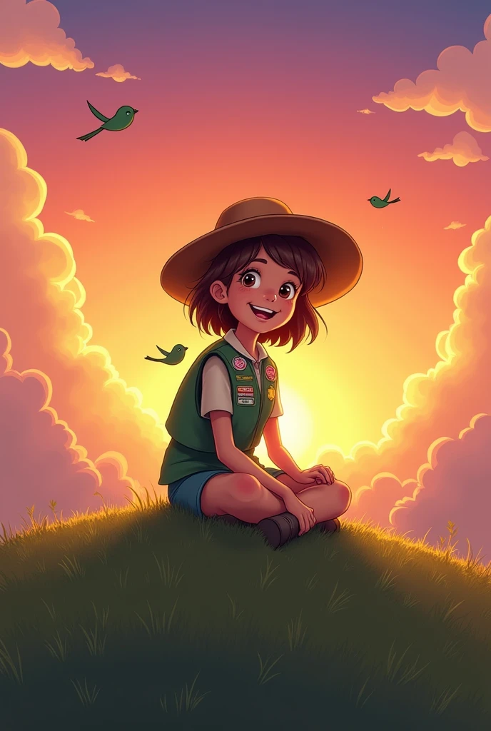 a girl scout, on the back of a hill watching the sunset in the form of a cartoon
