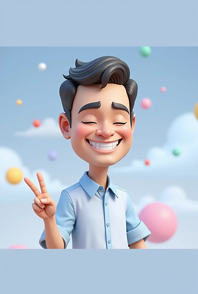 Cartoon character of a man blue shirt, an animated character, stylized character, animation style rendering, 3d stylized, smiling and making a cool sign with closed eyes