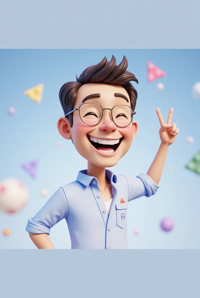 Cartoon character of a man blue shirt, an animated character, stylized character, animation style rendering, 3d stylized, smiling and making a cool sign with closed eyes