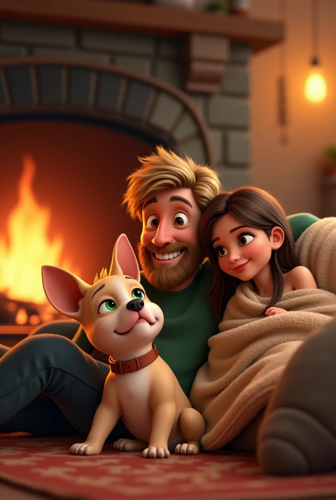 (photorealism:1.2),Create a cartoon illustration of my pet with a 2D animation style. He's taking a nap in his favorite spot by the fire. It is a fawn French bulldog breed dog, you can do it next to a fireplace with its owner, a man with blonde hair, green eyes with a full beard on his face, you can add a woman with brown hair, brown eyes.