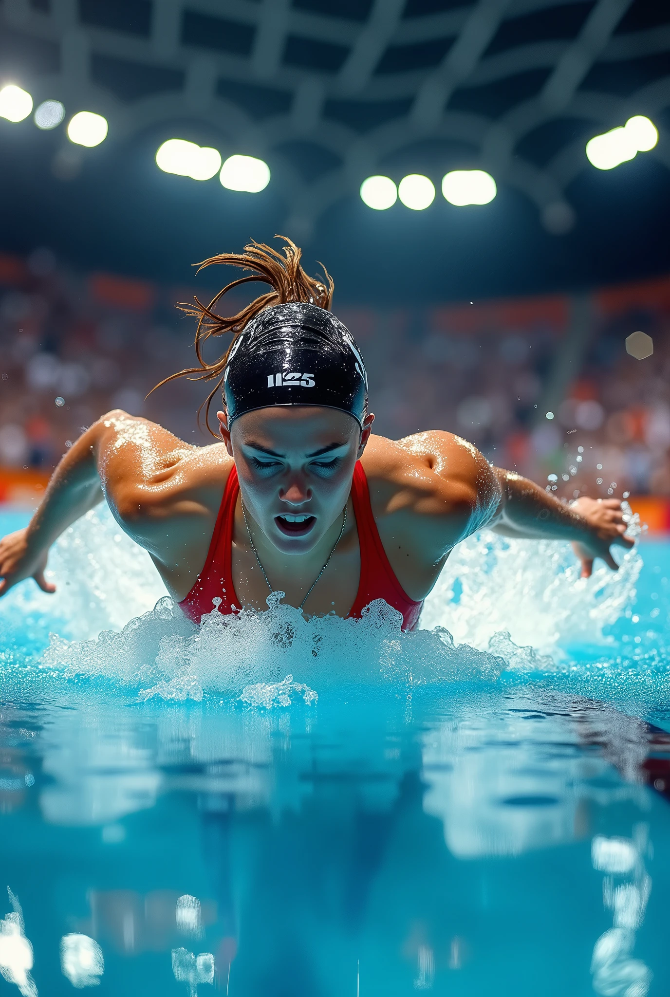 a woman competing in the olympics, swimming dynamic pose, action shot