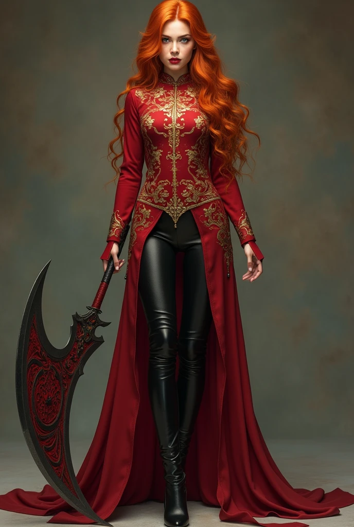 General appearance: Seilah is an incredibly beautiful woman, with a delicate face that contrasts with the ferocity of her power. she is redhead, with long, wavy hair that shimmers with shades of copper and gold. his eyes, of an intense green, reflect both sadness and determination.
outfit: She is wearing a traditional Chinese dress. (qipao) of a deep red, adorned with golden dragon embroidery. The dress is paired with tight pants and black leather thigh-high boots., which give it an air of authority and elegance. His scythe, big and threatening, It is a natural extension of your person, and is decorated with motifs of blood and darkness.
Distinctive Details: His bearing is regal, almost real, and its presence emanates a mixture of beauty and danger. Although her appearance is serene, There is a latent strength and deep pain that makes it even more intimidating..