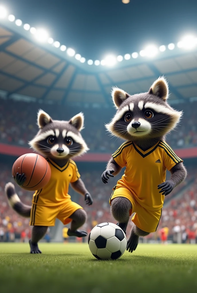 Create three animated raccoons, one with a basketball, another one stepping on a soccer ball and another one playing volleyball. All three must have a yellow sports uniform with black details., no marks