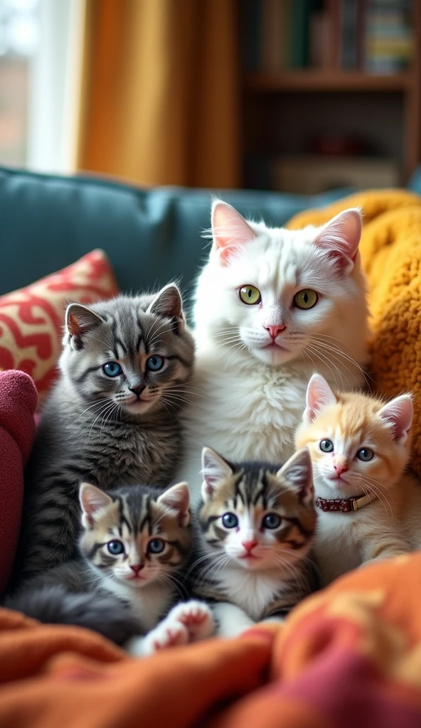 The gray cat with blue eyes and the white cat with green eyes have a family with 3 children., show the whole family. Cat children are babies