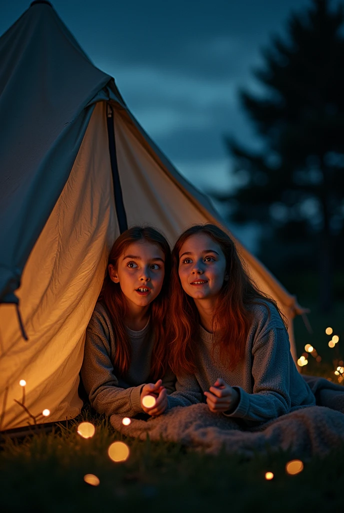 Mes moi une image montrant deux jeune fille de 11ans une qui s’appelle ambre elle est brune des cheveux longs et un autre qui s’appelle Viviane elle est rousses de cheuveux long elles étais dans une tantes voyant une sur la fermeture de la tante ambre et Viviane tout effrayer criant dans le tente pendant la nuit noir étais dans leurs tante pendant que ambre et Viviane étais heu aussi dans leur tante