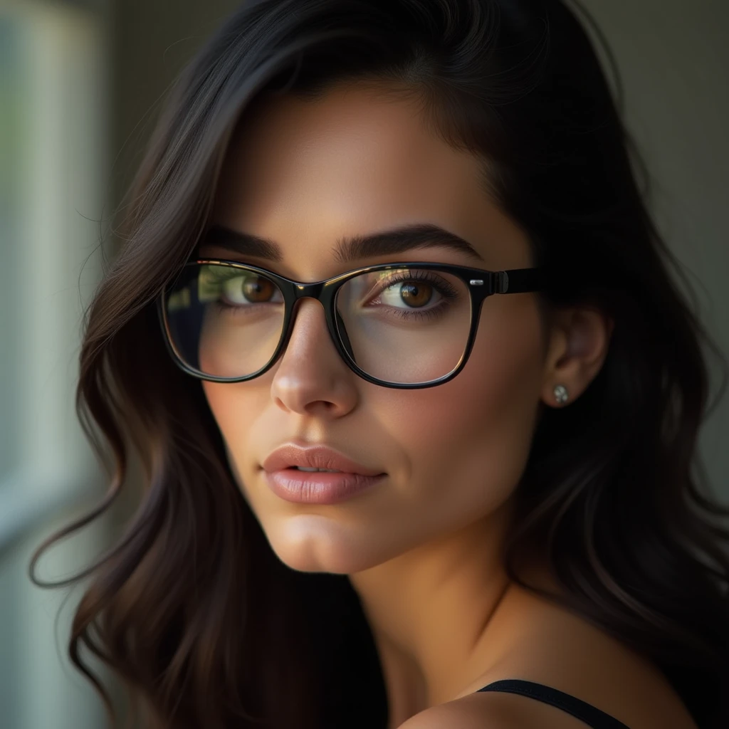 (photorealism:1.5), beautiful woman, portrait, front profile, caucasian, dark hair, dark brown eyes, wearing glasses, neutral expression, professional lighting, high resolution, detailed