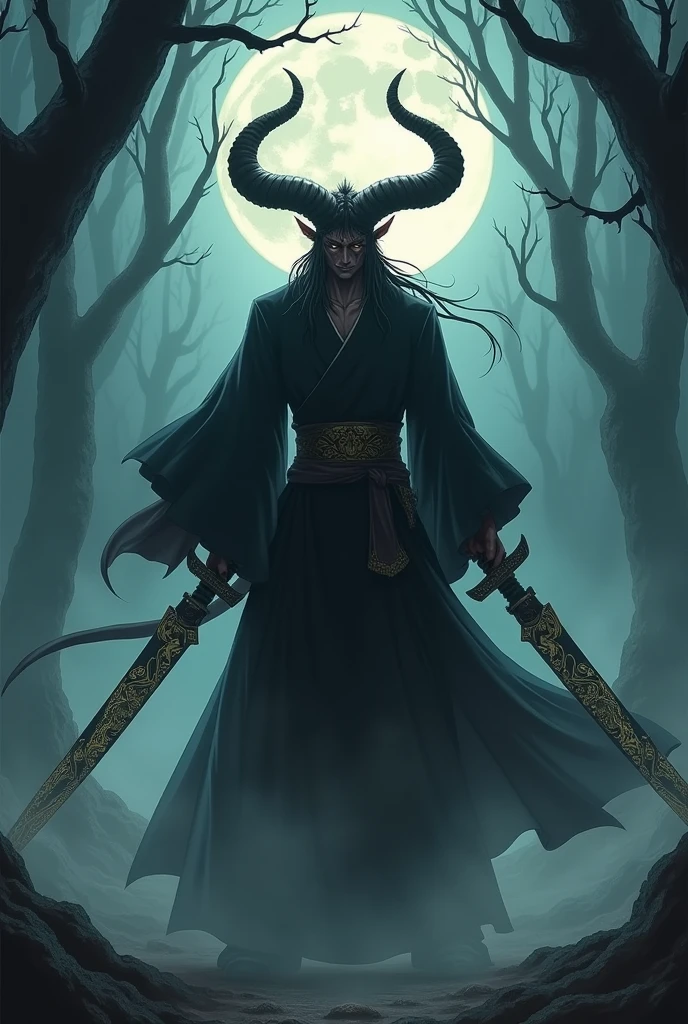 Demon from Demon Slayer who is a man and human wearing dark clothes and having swords in his hands