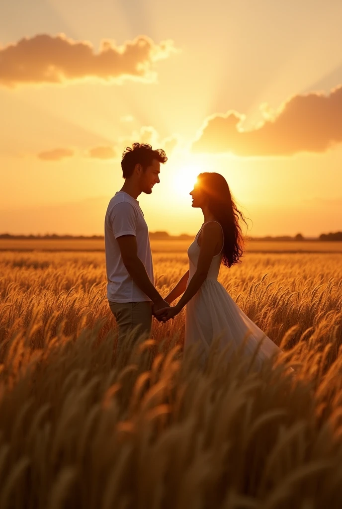 Let the image of a couple holding hands in a golden field as the sun sets inspire a tale of profound, meaningful love. Narrate the journey of their relationship, the obstacles they faced, and the hopes they hold for their shared future. Use the beauty of nature and the golden light of the sun to symbolize the characters' emotions and feelings."
