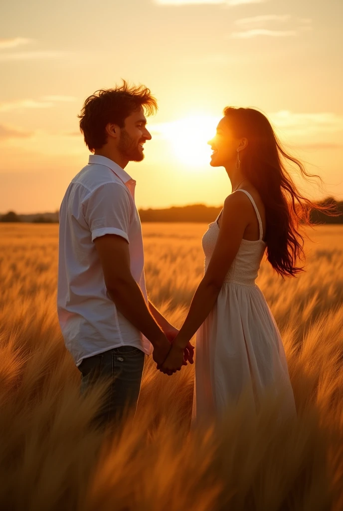 Let the image of a couple holding hands in a golden field as the sun sets inspire a tale of profound, meaningful love. Narrate the journey of their relationship, the obstacles they faced, and the hopes they hold for their shared future. Use the beauty of nature and the golden light of the sun to symbolize the characters' emotions and feelings."