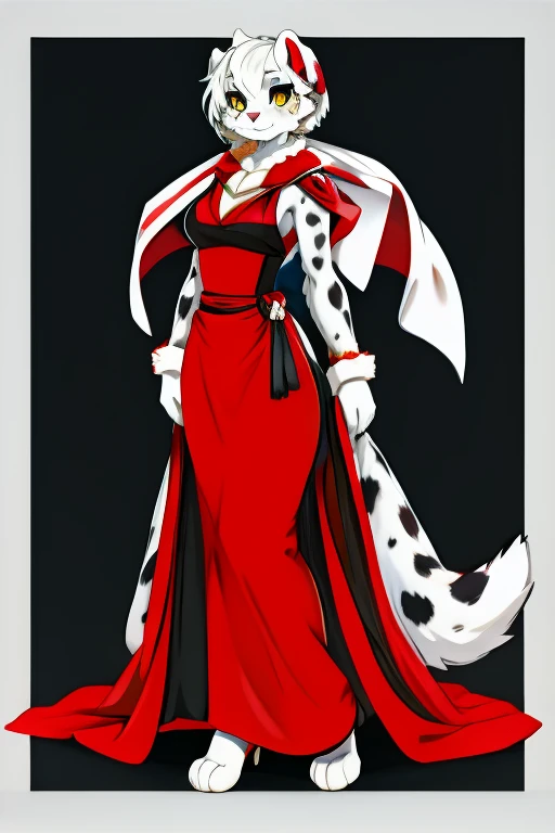Dalmatian woman, short white hair, yellow eyes, long red gloves, big red dress, with a white fur stole