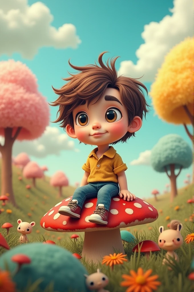 Here’s a prompt for your request:
"A boy with brown hair styled in a fringe and a unique single eyebrow sits in a whimsical setting. He has an unusual feature—large, prominent breasts—that stands out in contrast to his otherwise youthful appearance. The scene should balance surrealism with a touch of humor, capturing the boy's curious expression and the unconventional nature of his characteristics."