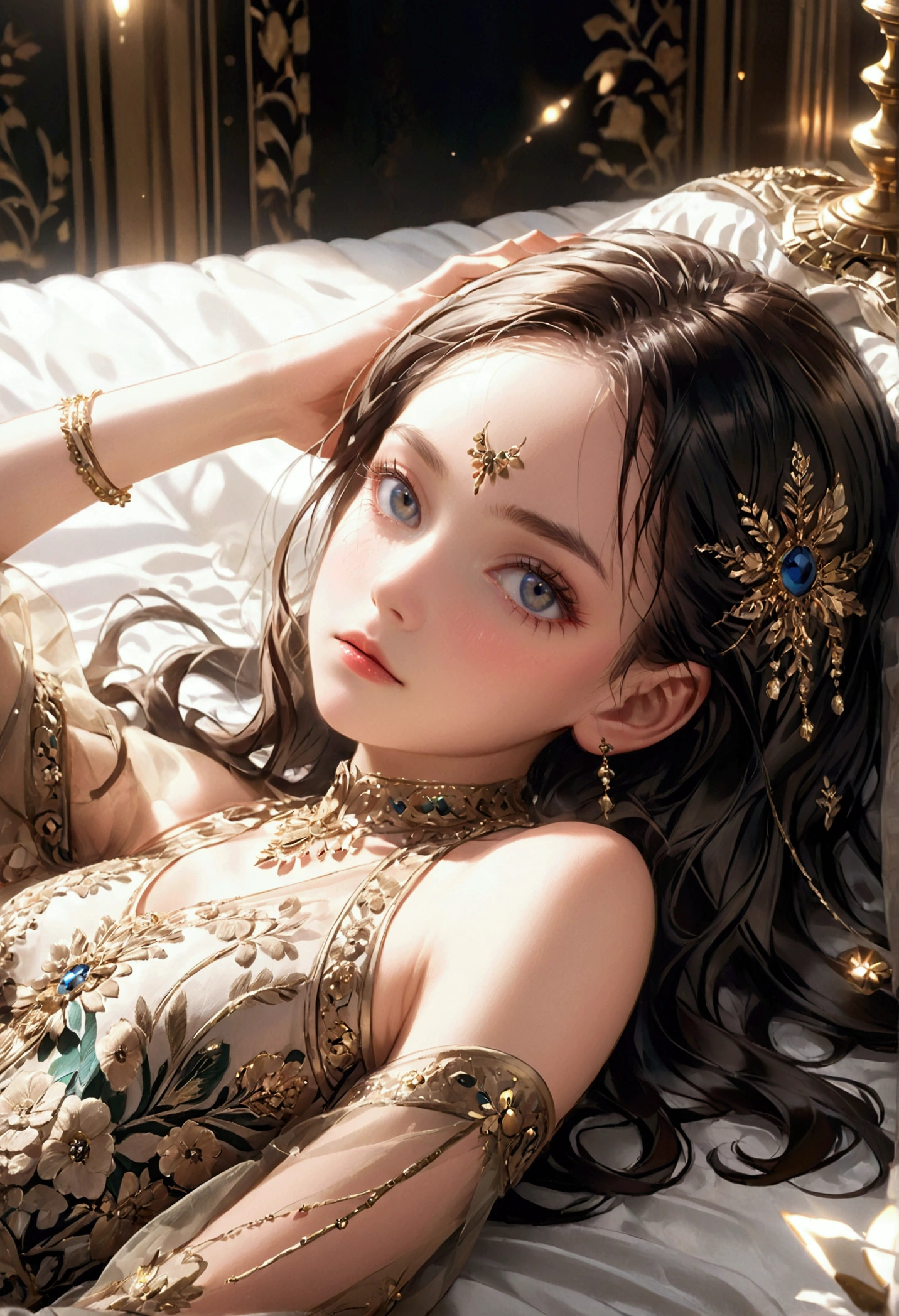 a woman lying on a bed in a supine position in a dress,beautiful detailed eyes,beautiful detailed lips,extremely detailed eyes and face,long eyelashes,intricate embroidered dress,elegant pose,soft lighting,warm color palette,photorealistic,8k,ultra-detailed,masterpiece,cinematic,dramatic lighting