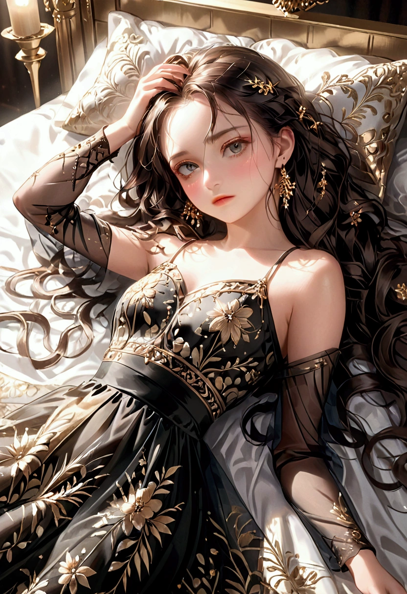 a woman lying on a bed in a supine position in a dress,beautiful detailed eyes,beautiful detailed lips,extremely detailed eyes and face,long eyelashes,intricate embroidered dress,elegant pose,soft lighting,warm color palette,photorealistic,8k,ultra-detailed,masterpiece,cinematic,dramatic lighting
