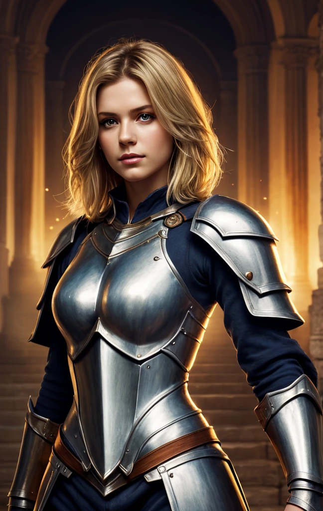 masterpiece, best quality, 1woman, solo, fantasy art, female paladin, beautiful, portrait, short blonde hair, light silver armor, looking at viewer, 