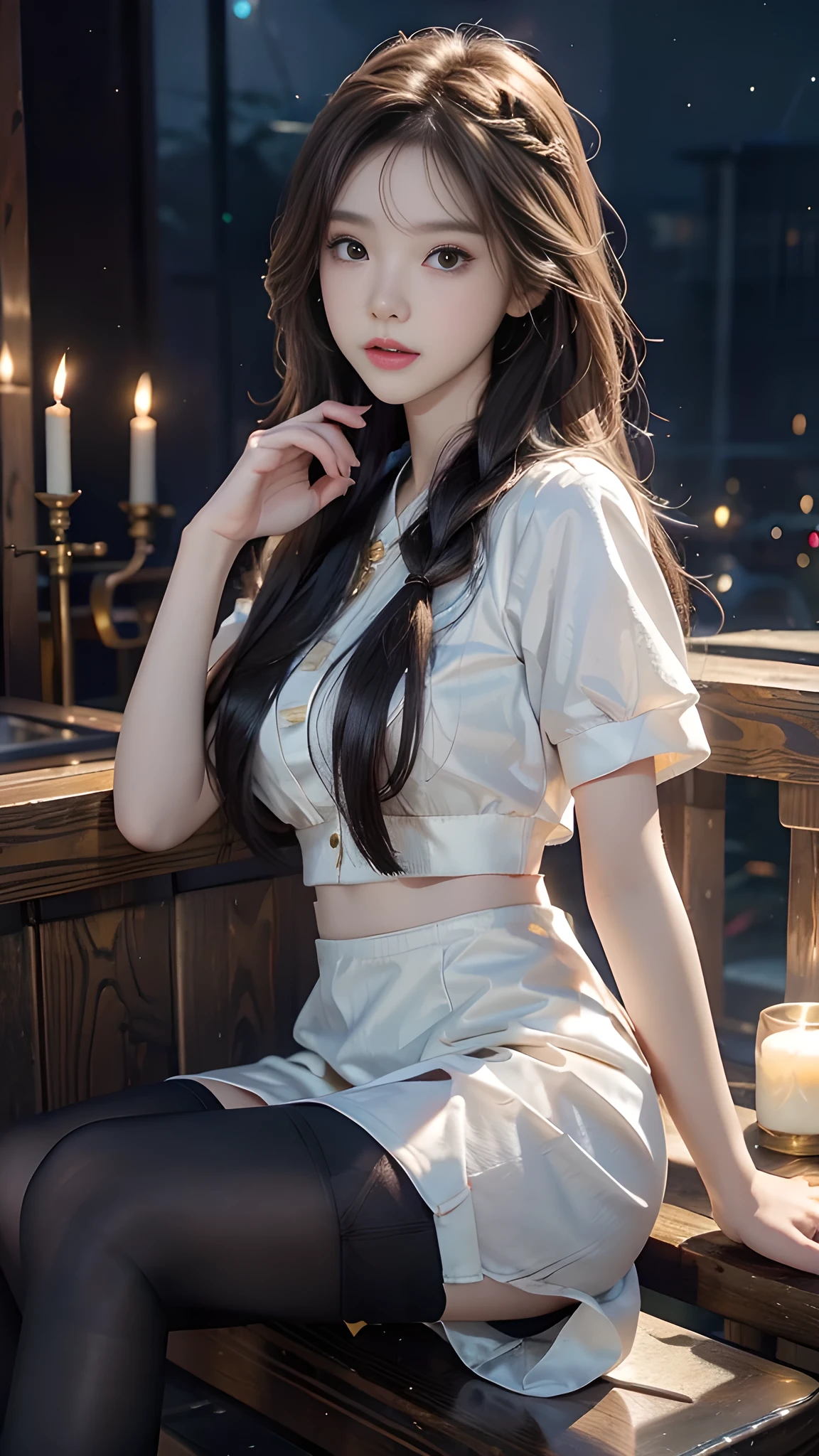 ulzzang-6500-v1.1, (RAW photo: 1.2), (Real photo), (Real photo: 1.4), 1 girl、Perfect anatomy、19 years old、Looking at the camera、Medium length hair、side braid, short white uniform skirt, holding a white jade bracelet next to the flickering candles at night, under the starry night sky, ((starry night: 1.1))、(Hyperrealistic tights: 1.2), (Business service)、Asian eyes Ella,