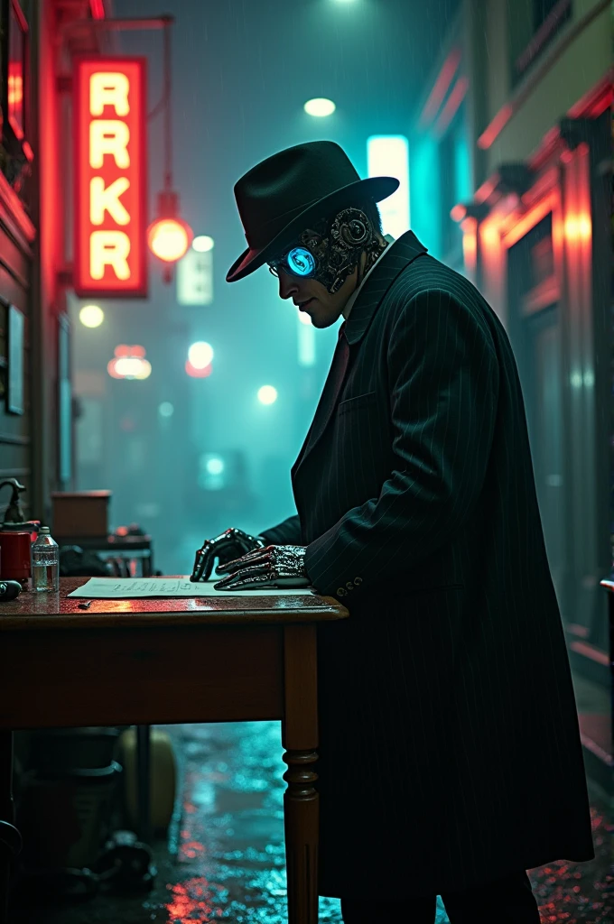 A 1920s cyborg detective noir thriller style