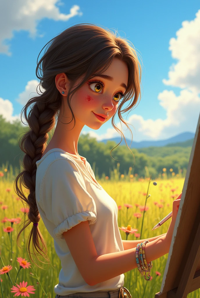 At an easel, painting a landscape, her expression thoughtful and serene, with a smudge of paint on her cheek. The character has long, straight, and untidy brown hair. She has soft, delicate facial features, with bright, expressive yellow eyes that reflect a serene and thoughtful expression. Her skin is fair and she is beautiful, do it in the Disney Pixar style.