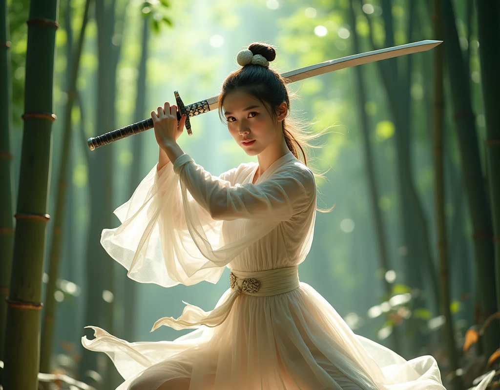 (ultra-detailed), (Raw photo)、(Realistic)、(masterpiece)、(Highest quality)、(High resolution:1.37)、(8k)、(Perfect ???????:1.5)、(Beautiful Eyes)、Beautiful and well-proportioned face、A confident smile、View your viewers、View from below、(Beautiful bamboo forest)、One beautiful girl、(A white female swordsman fighting in the bamboo forest)、(White antique gauze Chinese clothing)、(Super hourglass body type:1.2)、(Super big breasts pointing upwards:1.5)、(Narrow waist)、Wide super big ass、Sharp Blade of the Blue Dragon、(Hold the Qinglong sword correctly with one hand)、Correct fingers、(Legs wide open in a sexy, acrobatic fighting pose:1.3)、(Increased transparency of clothing:1.4)、(((The clothes are super see-through)))、Martial arts movie action scene、((Beautiful and deep bamboo forest))