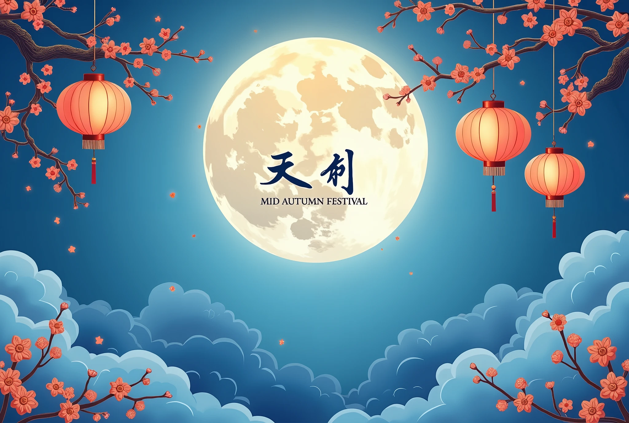 Elegant Blue Mid-Autumn Festival Poster: A serene blue background with traditional Chinese lanterns hanging gracefully. The full moon shines brightly, casting a soft glow over intricate cloud patterns and blooming flowers, with the message "Happy Mid Autumn Festival" in traditional calligraphy.