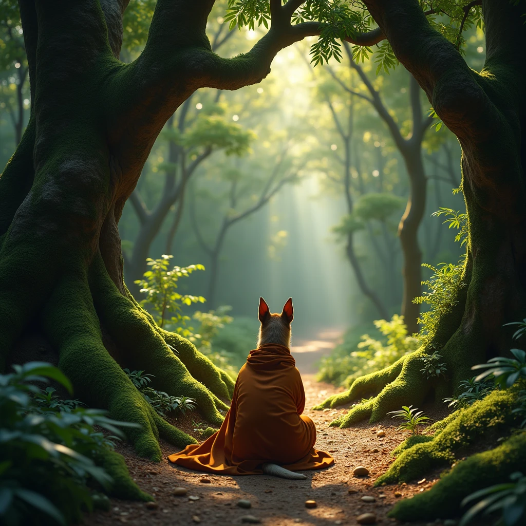 A photograph taken from behind of a brown monk dog sitting at a fork in a trail deep within a dense forest. The dog, wearing a simple robe, is at the crossroads, looking intently at a large tree in front of it, appearing as if it is pondering which path to take. The trail splits into two directions around the tree, but there is also a hidden middle path partially obscured by foliage, barely visible between the leaves. The forest is lush and green, with sunlight filtering through the trees, casting dappled shadows on the ground. The dog’s ears are perked up, conveying a sense of deep contemplation and wisdom.
