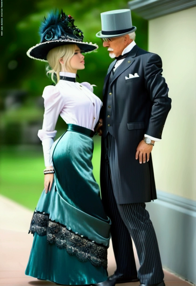 Year 1901. (((1man, 1girl:1.5))). A gorgeous thotty **** blonde Gibson Girl ((having sex:1.5)) with an aged horny 69yo white-haired gentleman. 1900_dress. (((NSFW.))) Man cornering girl on a wall. Man one head taller than girl. Girl wearing high-collar long sleeve dress, ornate wide-brimmed flat picture hat, long skirt, petticoats, stockings, boots, hourglass figure, buxom, wasp waist, bubble butt, one leg up. Man wearing three-piece business suit and bowler hat, handlebar mustache, beard.