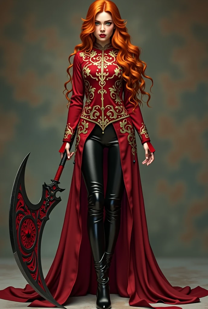 General appearance: Seilah is an incredibly beautiful woman, with a delicate face that contrasts with the ferocity of her power. she is redhead, with long, wavy hair that shimmers with shades of copper and gold. his eyes, of an intense green, reflect both sadness and determination.
outfit: She is wearing a traditional Chinese dress. (qipao) of a deep red, adorned with golden dragon embroidery. The dress is paired with tight pants and black leather thigh-high boots., which give it an air of authority and elegance. His scythe, big and threatening, It is a natural extension of your person, and is decorated with motifs of blood and darkness.
Distinctive Details: His bearing is regal, almost real, and its presence emanates a mixture of beauty and danger. Although her appearance is serene, There is a latent strength and deep pain that makes it even more intimidating..