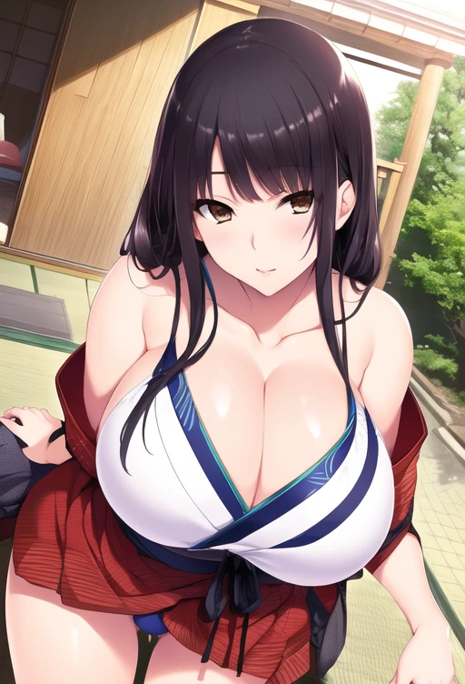 (8k, RAW photo, best quality, masterpiece:1.2),
1girl,solo,mature female,black hair,brown eyes,long hair, (huge breasts:1.6), cleavage,((japanese clothes, bare shoulders)),(upskirt),(camel toe),looking at viewer,leaning forward,outdoors,
 