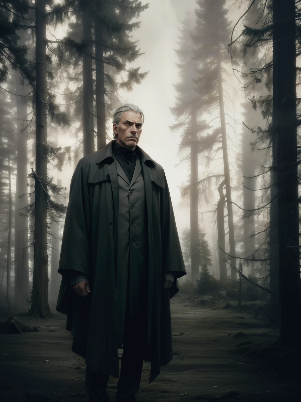 a tall, man with gray hair and dull eyes, sad expression, dark lighting, melancholic atmosphere, detailed, photorealistic, dramatic lighting, gloomy, muted colors, moody, cinematic, masterpiece, American flat perspective, forest background, gray tone background,