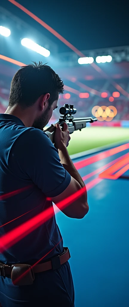 Shooting with a target weapon at the Olympic Games with blurring and passing through the Olympic rings