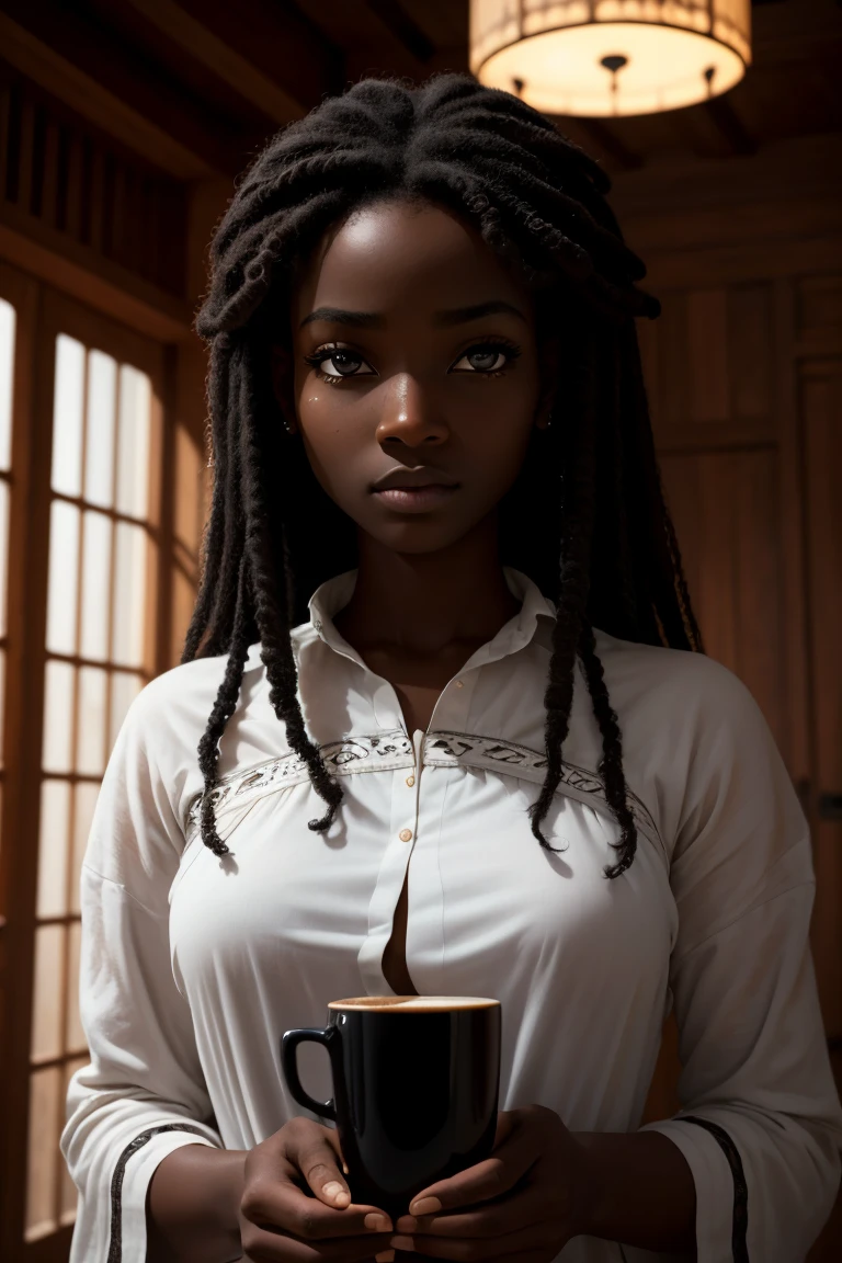(8k, Photo brute, Highest quality), Beautiful Ebony Girl, corps entier, Poils sarcelle, yeux sarcelle, triste, gros plan, robe, (detailled eyes:0.8), (looking at the camera:1.4), (Highest quality), (meilleure ombre), Intricate details, interior, Warm Light, muted colors, (Contraste To8Style), Standing while drinking coffee