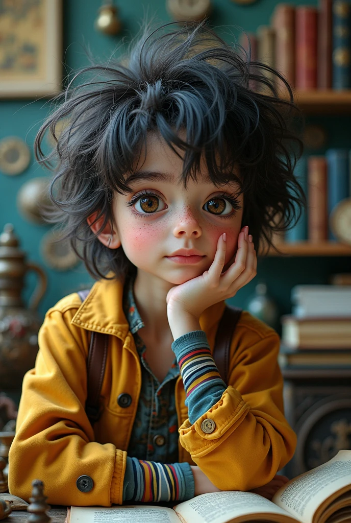 Character in the style of the movie Intensely curious with messy hair and clothes that don't match , face thinking very hard with half closed eyes, furrowed eyebrows and hand on face