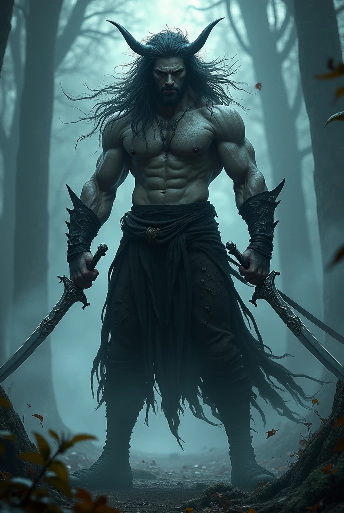 Demon from Demon Slayer who is a man and human wearing dark clothes and who has swords in his hands that looks like Inosuke