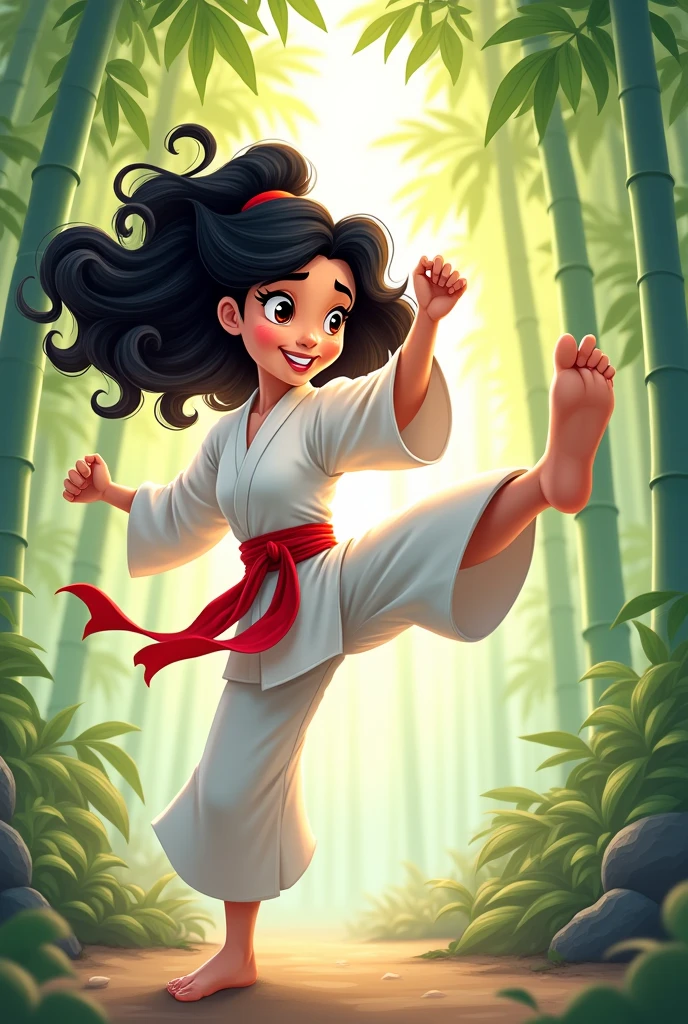drawing of disney mulan with curly hair, in white karate fighter outfit giving a cartoon style kick