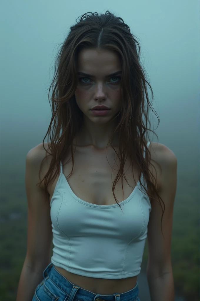 Pale skin French young woman with attitude. She evolves in a scary area. She has brown hair. She wears tight shiny white latex top and regular blue skirt. She is scared and surrounded with smoke. wet body