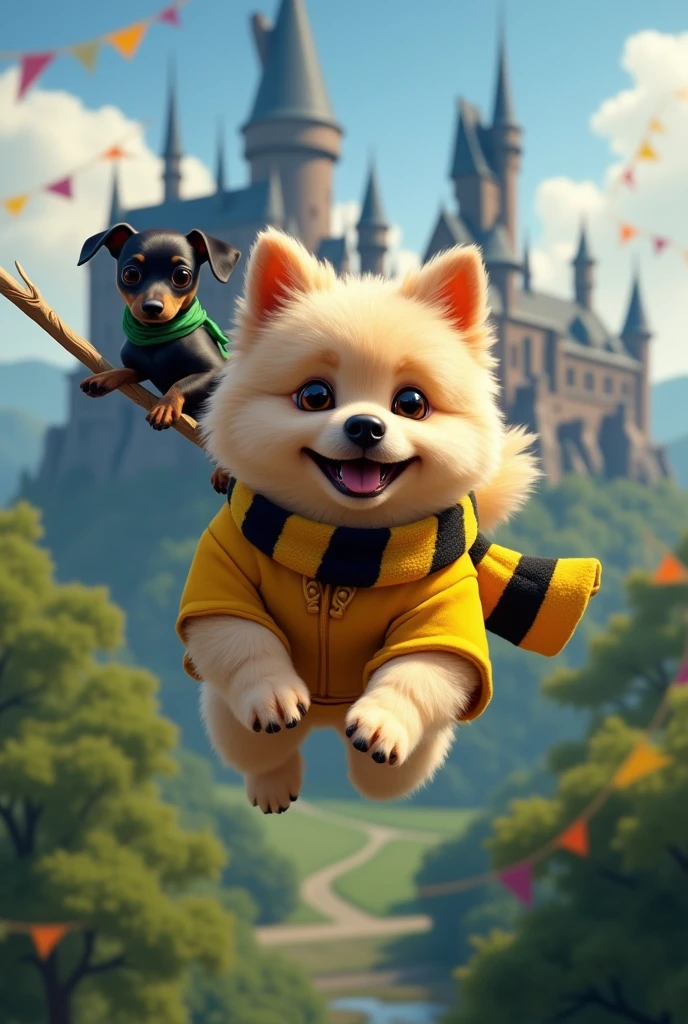 Create an image of a beige German Spitz dog dressed in the Hufflepuff house uniform from the Harry Potter saga flying on a broomstick in a Quidditch game at Hogwarts, on another broom black dachshund wearing slytherin house clothes