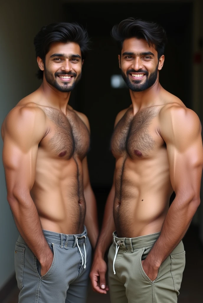 Two Indian Full Nsfw Men, Without any clothes, Age 19, White body colour, Smile, black hair, lots of Hairy Chest with pink nipples, abs, 14 inches biceps, Hand up Open hairy armpits, pubic hair, Holding uncut 7 inches Dick, pink long balls, hairy legs, one men Raise Hand and show Hairy Armpits