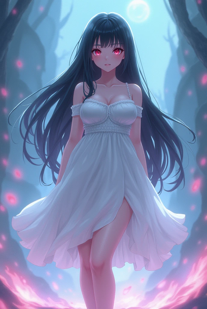 White woman, Black hair, White hat, Red eyes, Thick body, Huge breasts, Big boobs, Big ass, Tall, White dress, Anime style, Ghost aura 