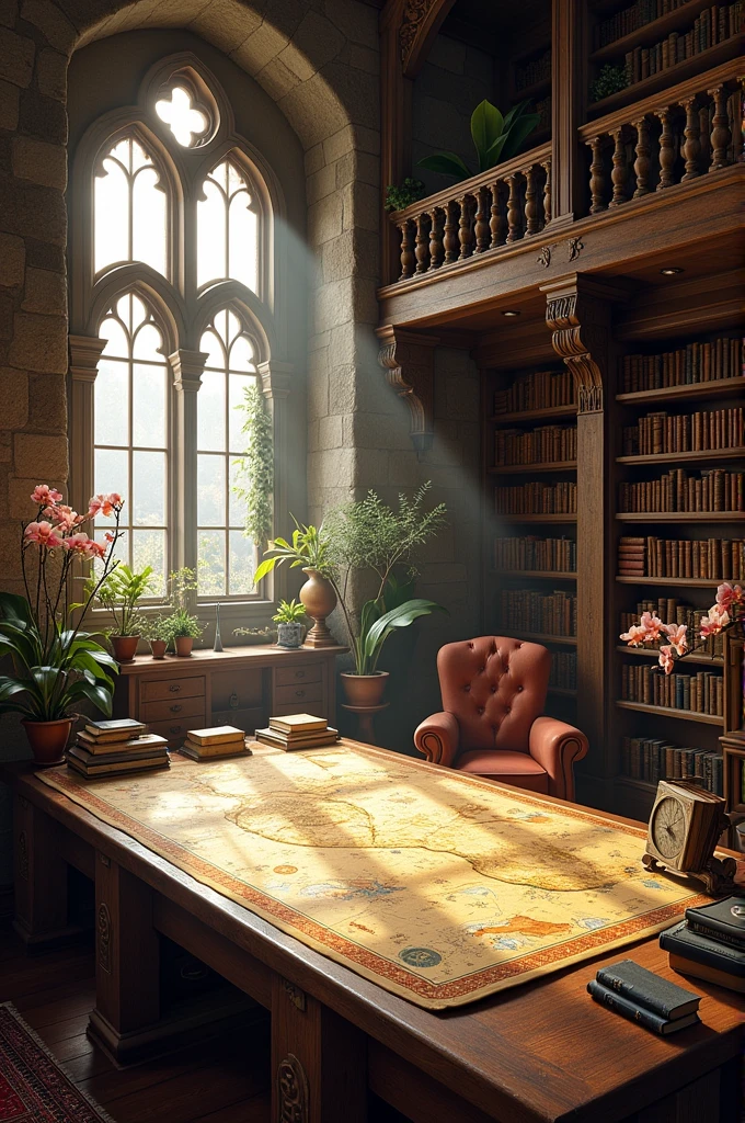 The Kingdom Map Room ,map Maps Books Dust Fountain Pen, Light Rays, High Brightness, big window, Renaissance armchair, Aviary, Windows and Orchids, With a Grand Staircase on Mezzanine. medieval. Room Map. Silk and Spices.