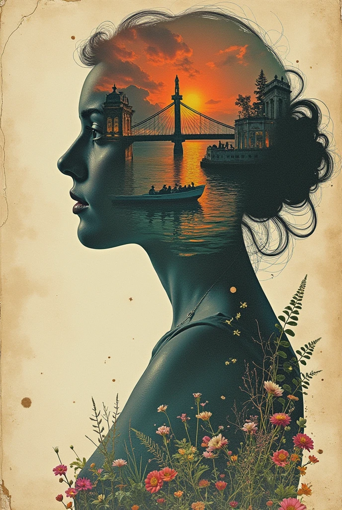 Double exposure work by Milos Bikovic, Surrealistically created on a vintage postcard, cracked paper texture. The images are very dynamic and unique, Featuring layers of intricate details and patterns.. Surreal scenes come alive with dreamy charm, Invites the viewer to look deeper into the layers of the work.. Vintage aesthetics add a sense of mystery and nostalgia, Transport the viewer back to an old era. Highly detailed and intricately layered artwork comes to life with stunning clarity, Milos Bikovic's outstanding talent is on full display. Natural colors and exquisitely crafted shades