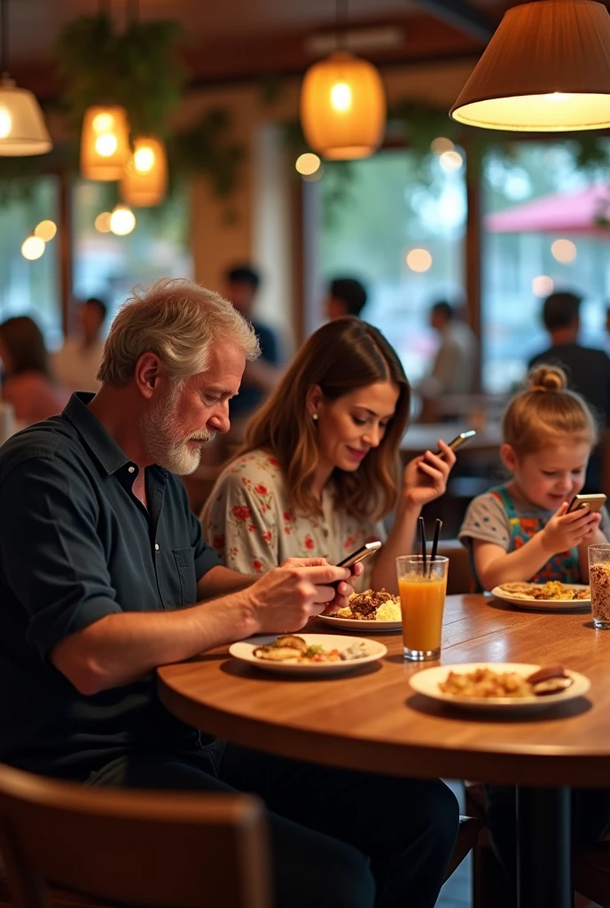 Generate an image that contains a family: one men (Baba) Using the cellphone, a one woman (Mother) Using the cellphone e uma criança pequena (3 years old) Using the cellphone, sitting at a restaurant table. I need everyone to have their cell phone in their hand. They are not interacting with each other.