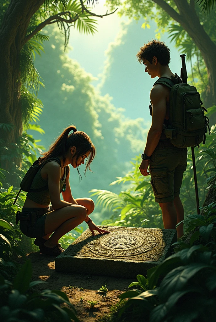 Lara deciphers the message on the stone while Max looks at the jungle