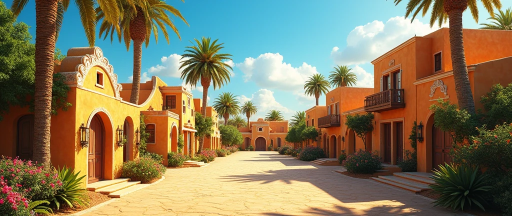 Tropical sand stone village with medium sized houses and buildings