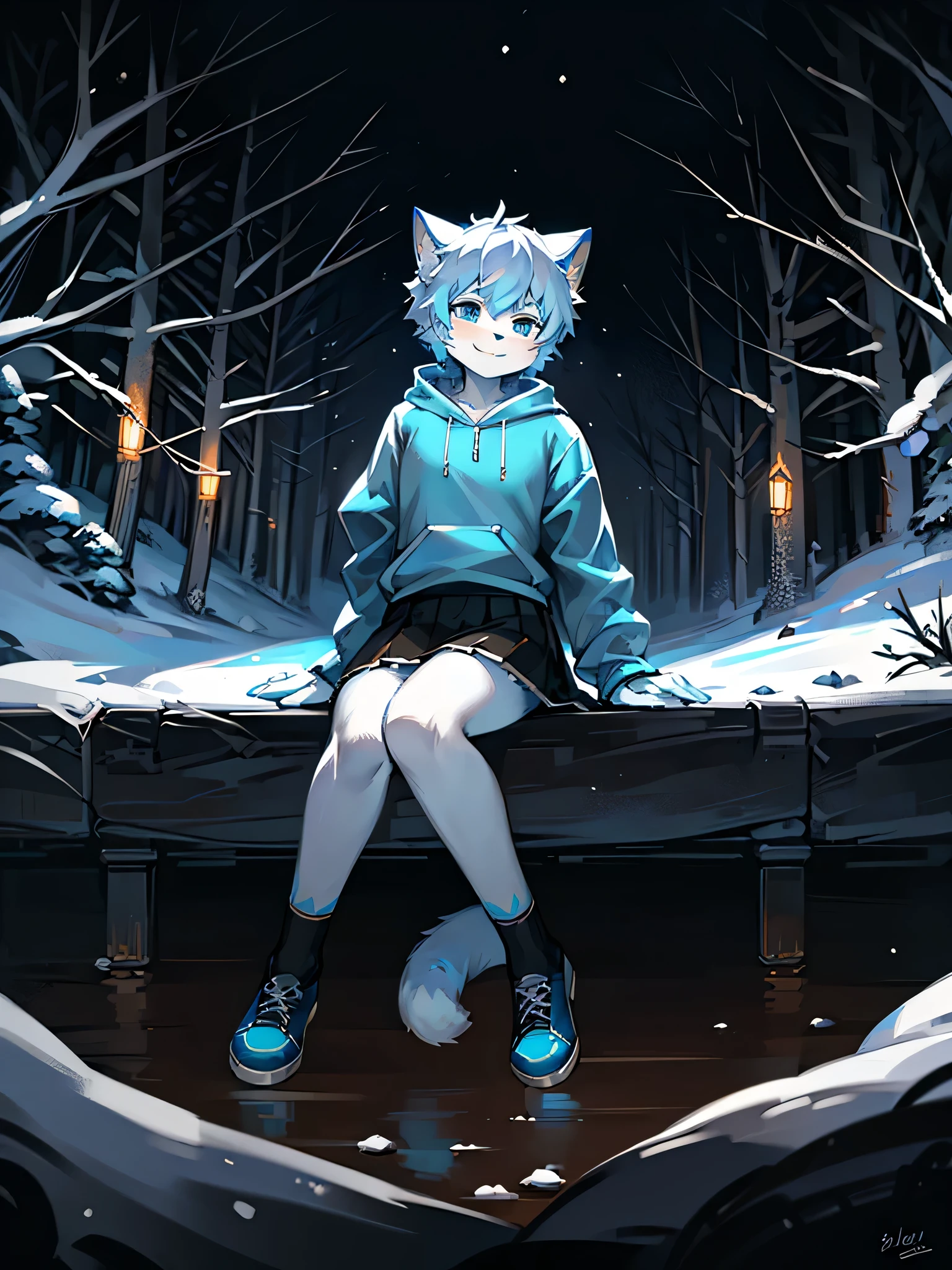 Furry, Anime furry, anthro male cat, light blue and white fur, short white hair, solo, blue sweatshirt, full body character, anime style character, digital painting, black skirt, black medieval shoes. winter forest, snow tempest, smiling