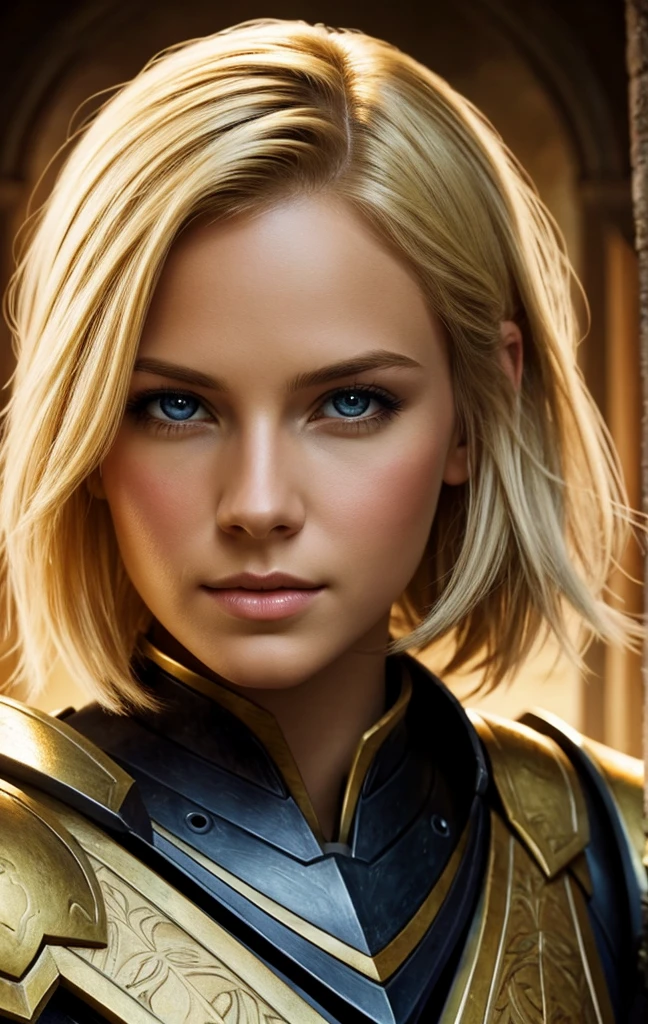 masterpiece, best quality, 1woman, solo, fantasy art, female paladin, beautiful, portrait, short blonde hair, looking at viewer,
