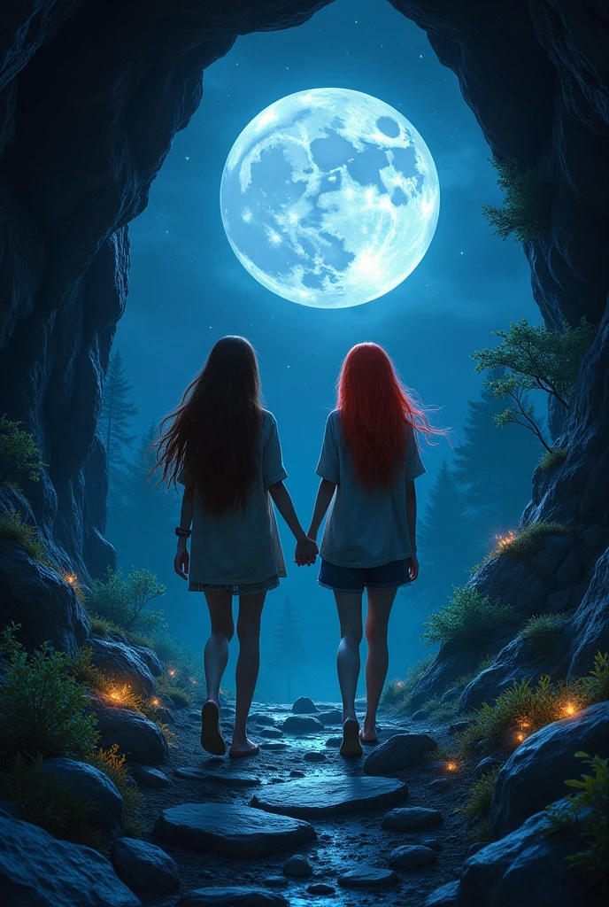 Two tall girls getting up from the cave at night