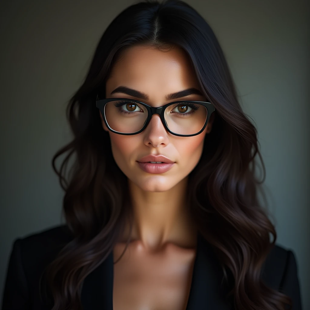 (photorealism:1.5), beautiful woman, portrait, facing POV directly, front profile, caucasian, dark hair, dark brown eyes, wearing glasses, neutral expression, professional lighting, high resolution, detailed, standing straight