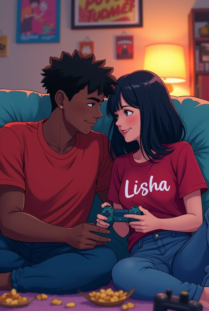 A teen couple ,anime style, both teens chocolate skin colour, girl with black medium hair size,red t-shirt written Lisha on it, holding PlayStation controller as a couple 